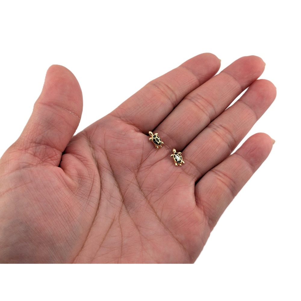 14K Yellow Gold Turtle Stud Earrings Green Cubic Zirconia Jewelry - Picture 6 of 8